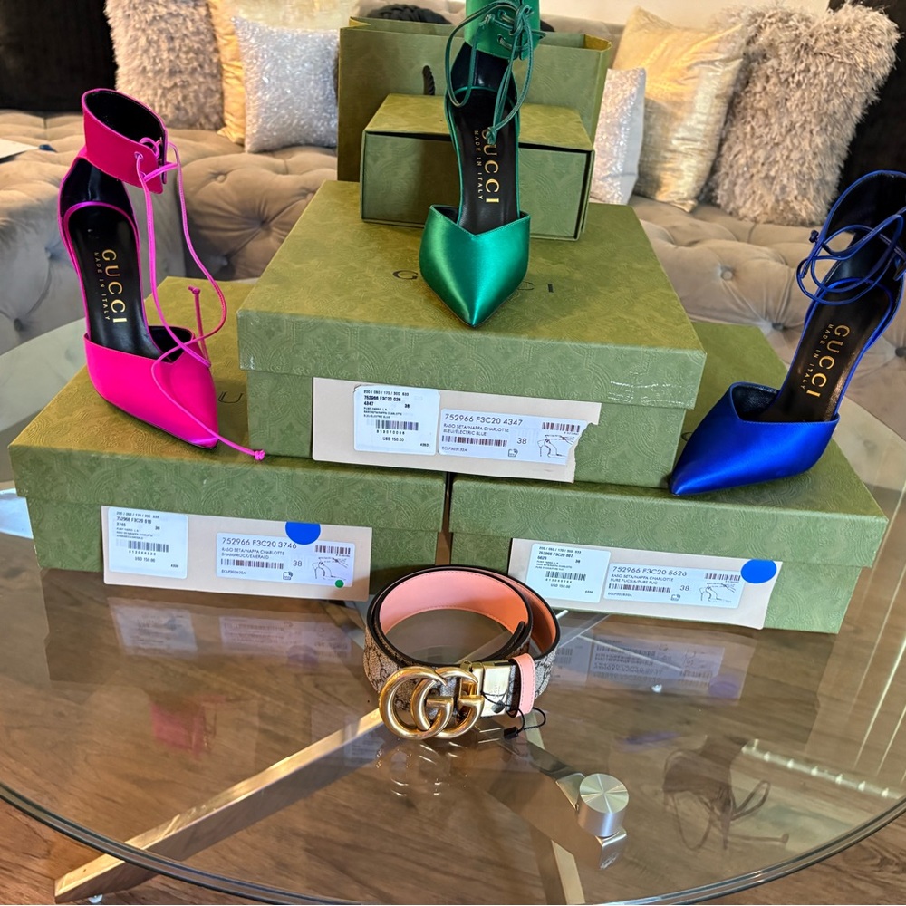 Gucci Satin Priscilla Ankle cuff Heels in Fuchsia, Emerald, and Electric Blue.